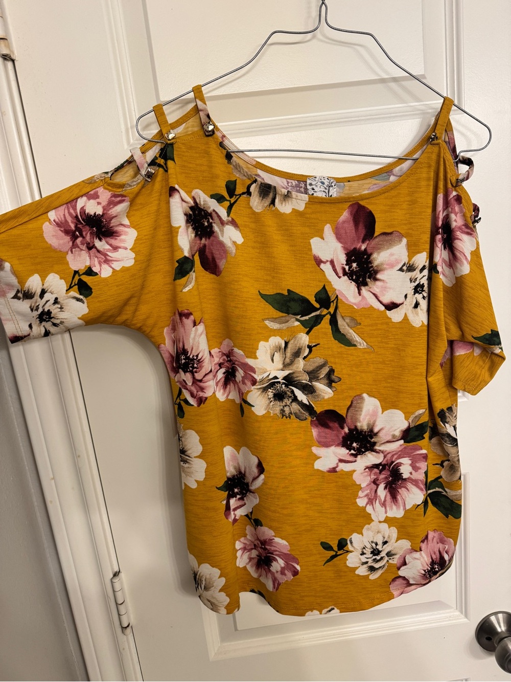 NAIF Mustard Floral Cold-Shoulder Blouse